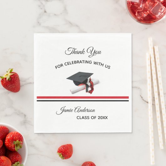 Serviette En Papier Casquette noir et rouge & Tassel | Graduation Part (En situation)