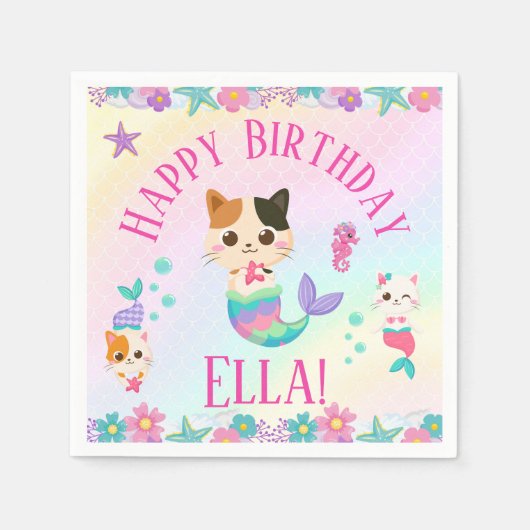 Serviette En Papier Cat Meowmaid Fille Sirène Fête d'anniversaire (Devant)