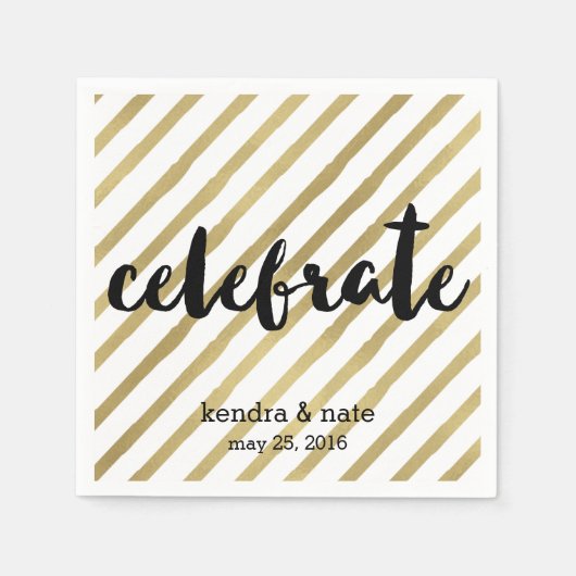 Serviette En Papier Célébrer | Faux Gold Stripe Mariage Anniversaire (Devant)
