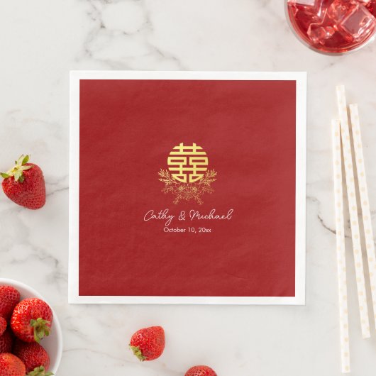 Serviette En Papier Cercle double bonheur fleur mariage chinois (En situation)