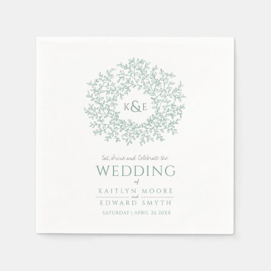 Serviette En Papier Cercle vert monogramme art mariage personnalisé (Devant)