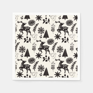 Serviette En Papier Cerf d'art populaire forêt noir et blanc