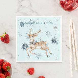 Serviette En Papier Cerf de Noël aux flocons de neige bleus avec noeud