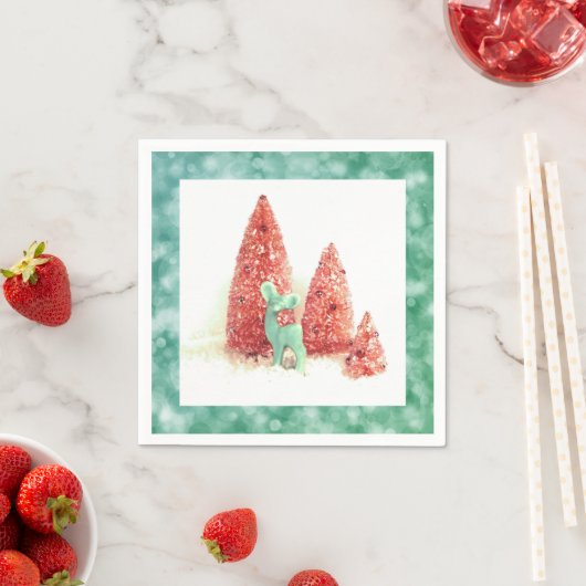 Serviette En Papier Cerf de Noël rétro avec cadre Aqua (En situation)