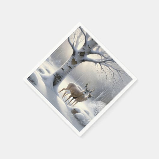 Serviette En Papier Cerf D'Hiver Avec Coeur Sur Birch Tree (Coin)