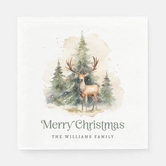 Serviette En Papier Cerf et arbres de Noël Joyeux Noël nom (Devant)