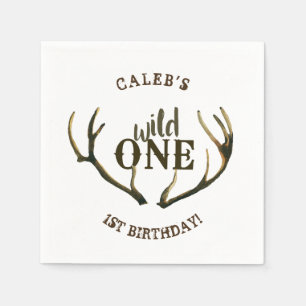 Serviette En Papier Cerf Sauvage Bois Simple Blanc 1er Anniversaire