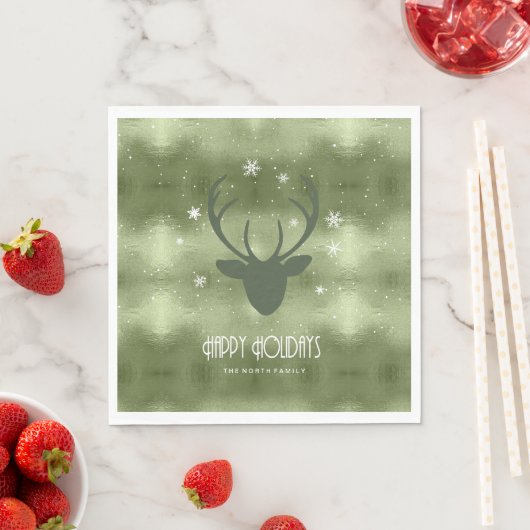 Serviette En Papier Cerfs Antlers Silhouette & Snowflakes Green ID861 (En situation)