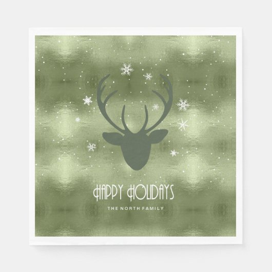 Serviette En Papier Cerfs Antlers Silhouette & Snowflakes Green ID861 (Devant)