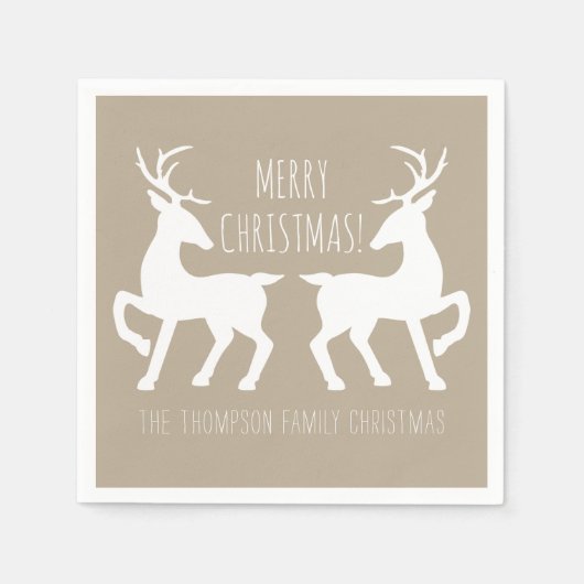 Serviette En Papier Cerfs Beige Et Blanc Avec Texte Personnalisé Noël (Devant)