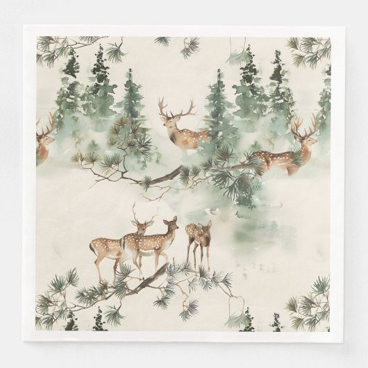 Serviette En Papier Cerfs rustiques et conifères (Devant)