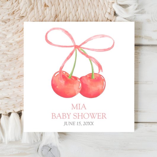 Serviette En Papier Cerise et ruban rose Baby shower fille d'aquarelle