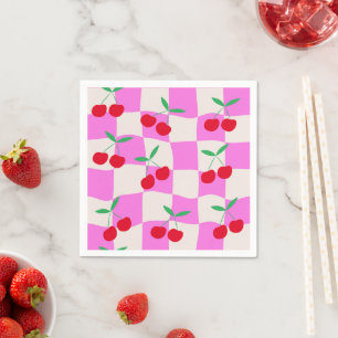 Serviette En Papier Cerises à carreaux sur des damiers roses tordus