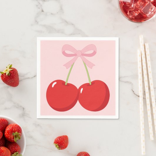 Serviette En Papier Cerises avec Coquette Bow Rose Anniversaire (En situation)