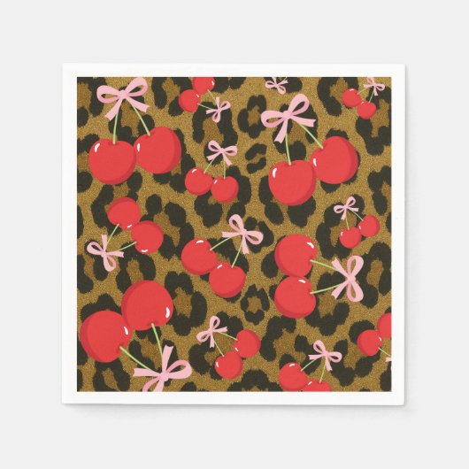 Serviette En Papier Cerises Rouges avec Nœud Rose Imprimé Léopard Coqu (Devant)