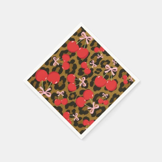 Serviette En Papier Cerises Rouges avec Nœud Rose Imprimé Léopard Coqu (Coin)