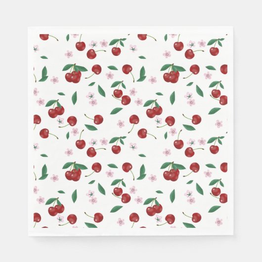 Serviette En Papier Cerises rouges botaniques Verdure et fleurs (Devant)