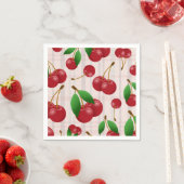 Serviette En Papier cerises rouges sucrées sur plaid pastel (En situation)