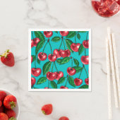 Serviette En Papier Cerises rouges sur turquoise (En situation)