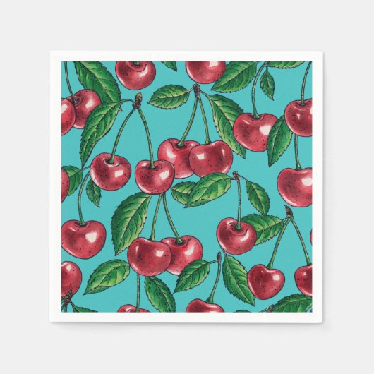 Serviette En Papier Cerises rouges sur turquoise (Devant)
