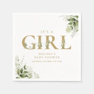 Serviette En Papier C'est une fille - Baby Shower lettre dorée végétat