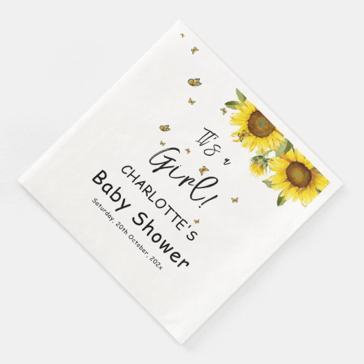 Serviette En Papier C'est une fille ! Fleurs de soleil et papillons (Coin)
