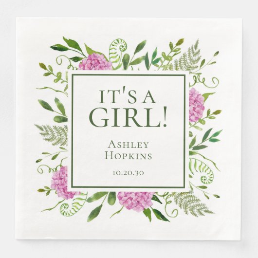 Serviette En Papier C'est une fille rose Hydrangeas Baby shower fille (Devant)