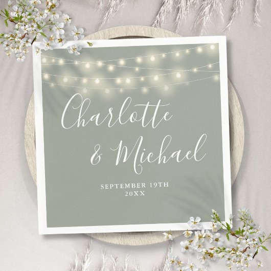 Serviette En Papier Chaîne Lumière Signature Script Sage Mariage vert