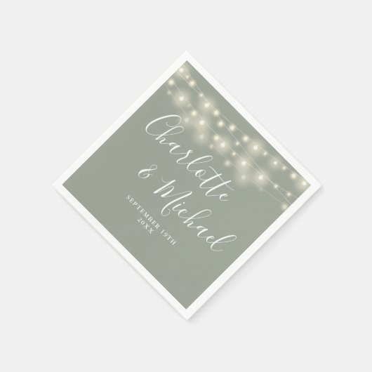 Serviette En Papier Chaîne Lumière Signature Script Sage Mariage vert (Coin)