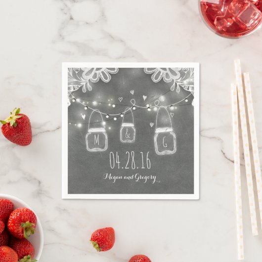 Serviette En Papier Chaîne Lumières Mason Jar et Lace Rustique Mariage (En situation)