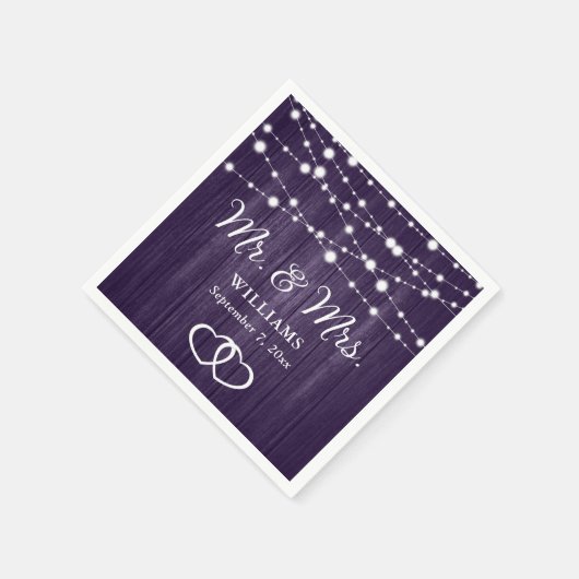 Serviette En Papier Chaîne violette Lumières Coeurs Bois rustique Mari (Coin)