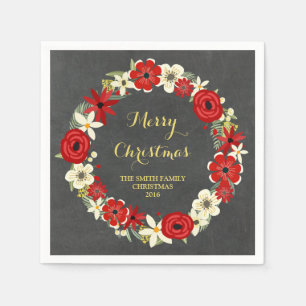 Serviette En Papier Chalboard Rouge Floral Wreath Christmas Napkin