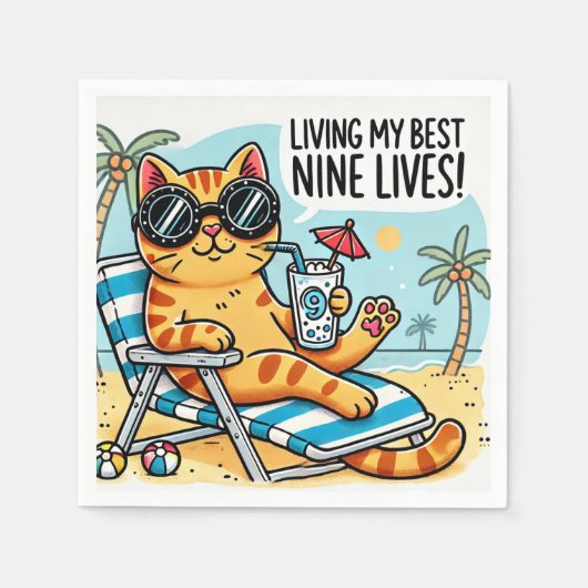 Serviette En Papier Chaleur de chat cool sur la plage - Drôle dessin a (Devant)