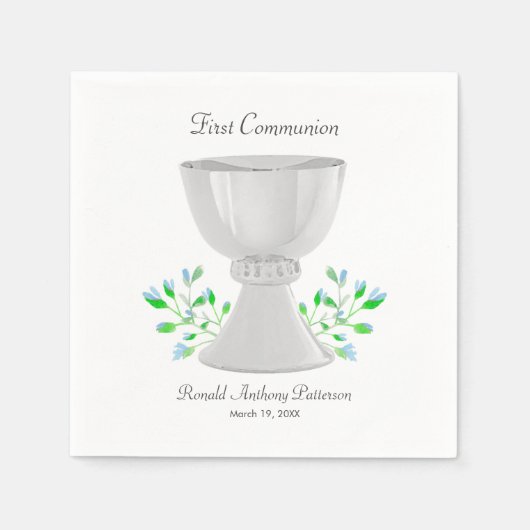 Serviette En Papier Chalice et Bleu Bleu Verdure Première communion (Devant)