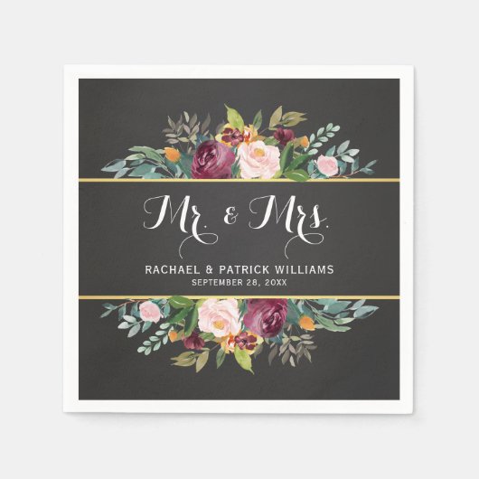 Serviette En Papier Chalkboard Floral M. et Mme Mariage (Devant)