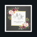 Serviette En Papier Chalkboard Floral Mariage M. et Mme.<br><div class="desc">De jolis bouquets de rose bordeaux, roses et oranges et de verdure débordent aux coins de ce design mariage de serviette. Avec "Mr. & Mme" texte dans le script fleurit sur le nom et la date du nouveau marié et mariage, vous êtes tous prêts pour une merveilleuse réception de mariage...</div>