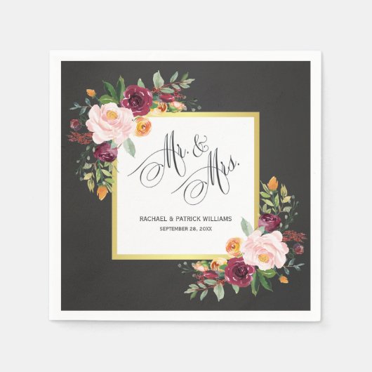 Serviette En Papier Chalkboard Floral Mariage M. et Mme. (Devant)