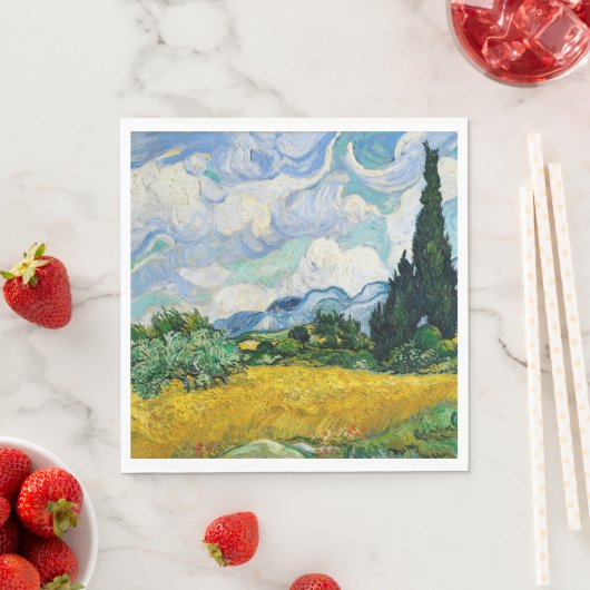 Serviette En Papier Champ de blé Van Gogh avec Cyprès. Impressionnisme (En situation)