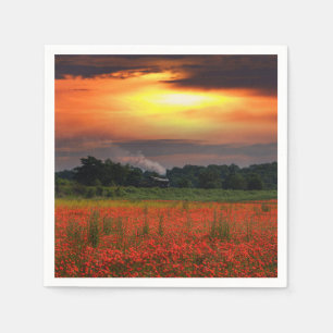 Serviette En Papier Champ de coquelicots au lever du soleil et locomot