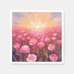 Serviette En Papier Champ De Fleurs Roses Floral Aquarelle