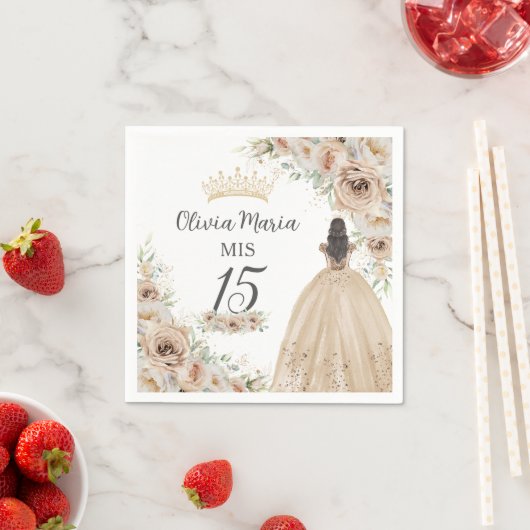 Serviette En Papier Champagne Crème Beige Floral Princesse Quinceañera (En situation)