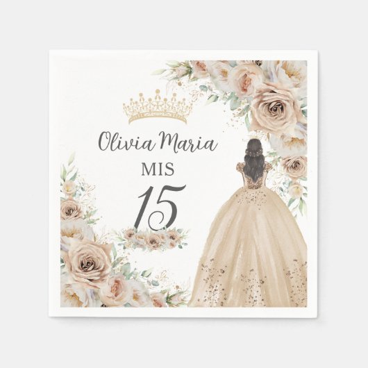 Serviette En Papier Champagne Crème Beige Floral Princesse Quinceañera (Devant)