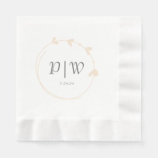 Serviette En Papier Champagne Simple Heart Wreath Monogram Mariage (Devant)
