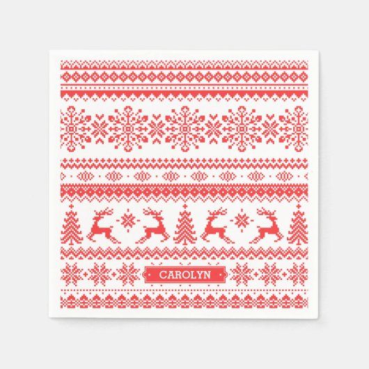 Serviette En Papier Chandail de Noël rouge brun motif monogramme (Devant)