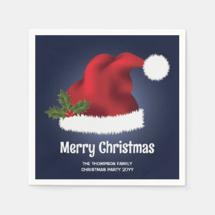 Serviette En Papier Chapeau de Santa festif rouge sur fond bleu avec t