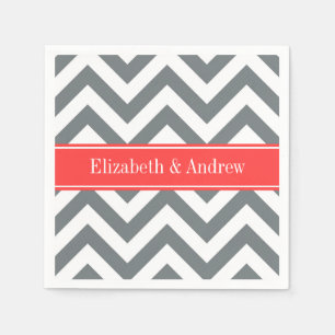 Serviette En Papier Charbon Blanc LG Chevron Corail Nom rouge Monogram
