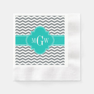 Serviette En Papier Charbon fin Chevron Turquoise Quatrefoil 3 Monogra