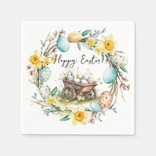 Serviette En Papier chariot en bois avec oeufs décoratifs fleuris Pâqu