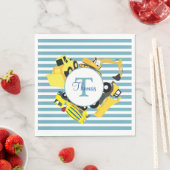 Serviette En Papier Chariots de construction Bleu rayures Monogramme (En situation)