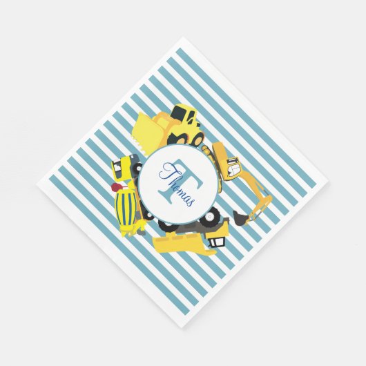 Serviette En Papier Chariots de construction Bleu rayures Monogramme (Coin)